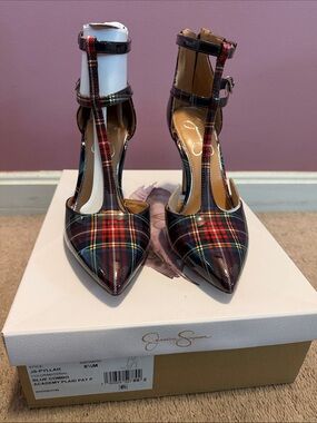 Jessica Simpson Plaid T-Strap Pointed-Toe Heels - Blue/Red/Black